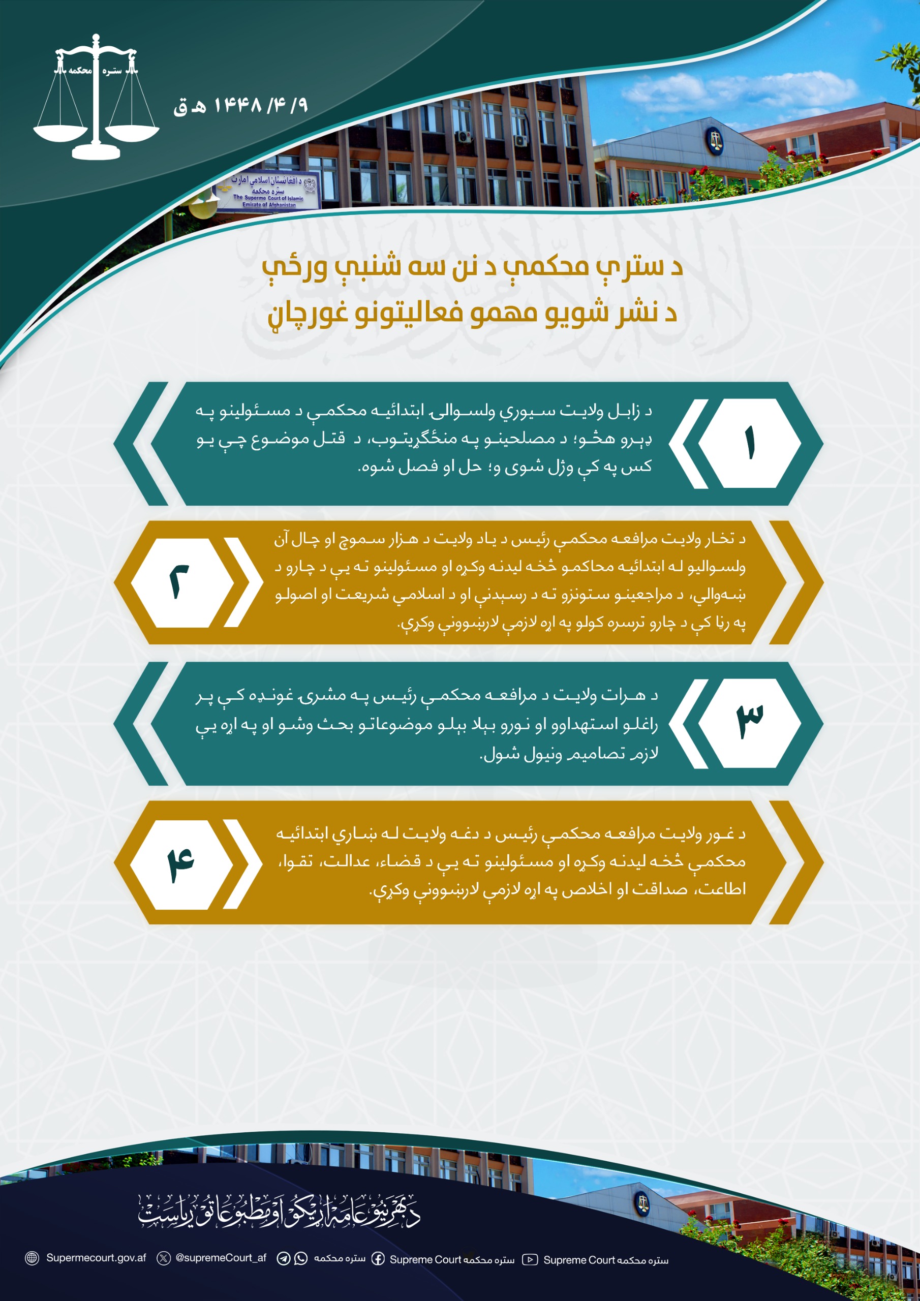 د سترې محکمې د نن سه شنبې ورځې د نشر شويو مهمو فعالیتونو غورچاڼ: