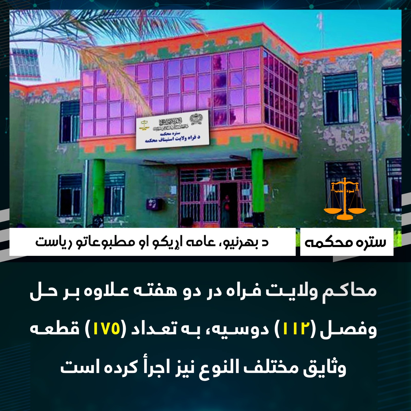 محاکم ولایت فراه در دو هفته علاوه بر حل وفصل (112) دوسیه، به تعداد (۱۷۵) قطعه وثایق مختلف النوع نیز اجرأ کرده است