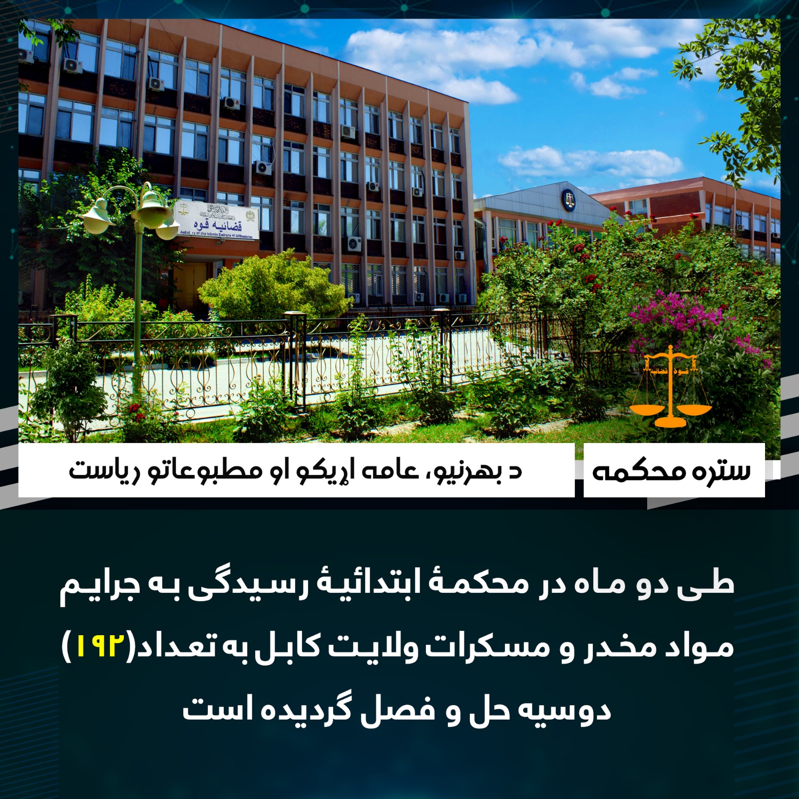 طی دو ماه در محکمۀ ابتدائیۀ رسیدگی به جرایم مواد مخدر و مسکرات ولایت کابل به تعداد(۱۹۲) دوسیه حل و فصل گردیده است