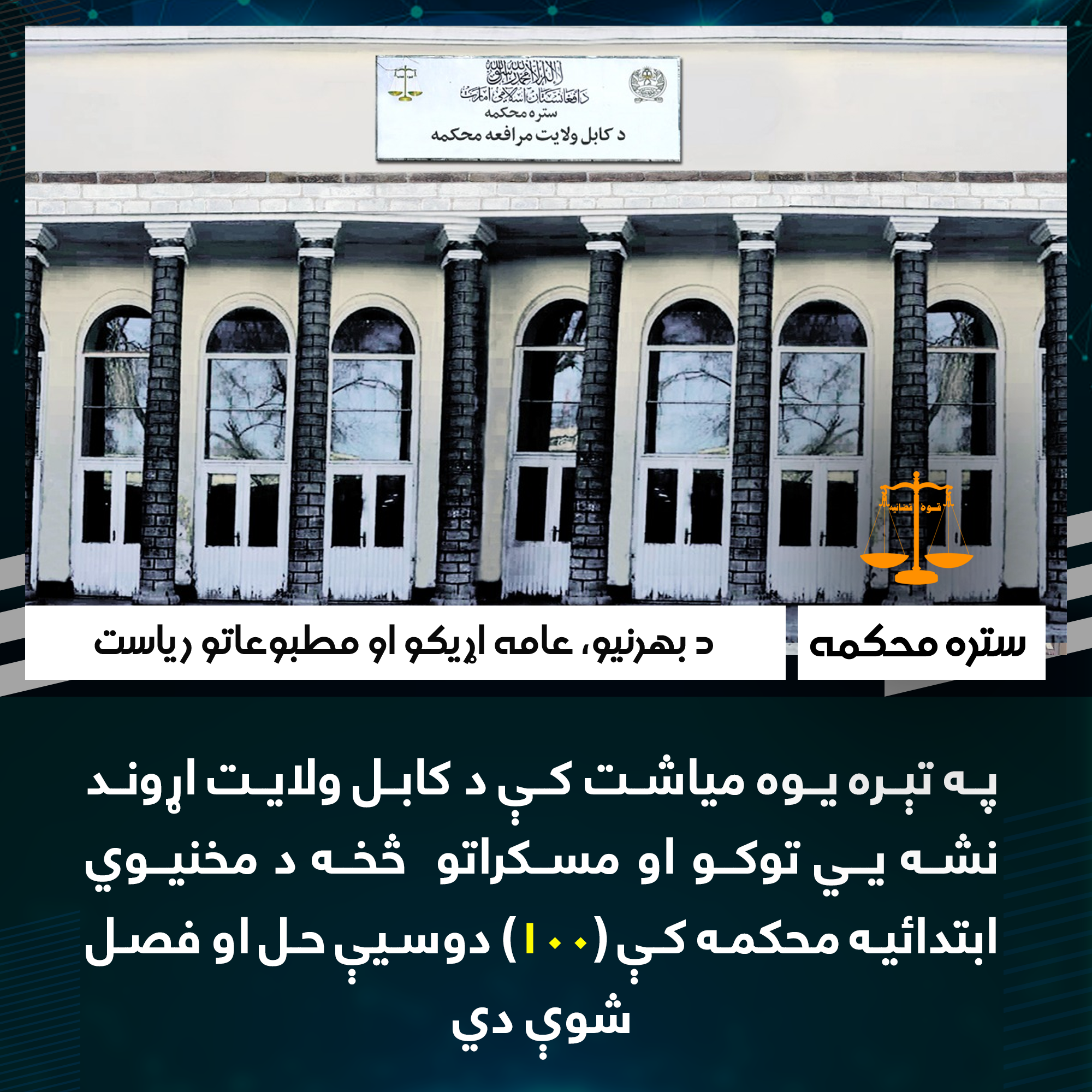 په تېره یوه میاشت کې د کابل ولایت اړوند نشه يي توکو او مسکراتو  څخه د مخنيوي ابتدائیه محکمه کې (۱۰۰) دوسيې حل او فصل شوې دي