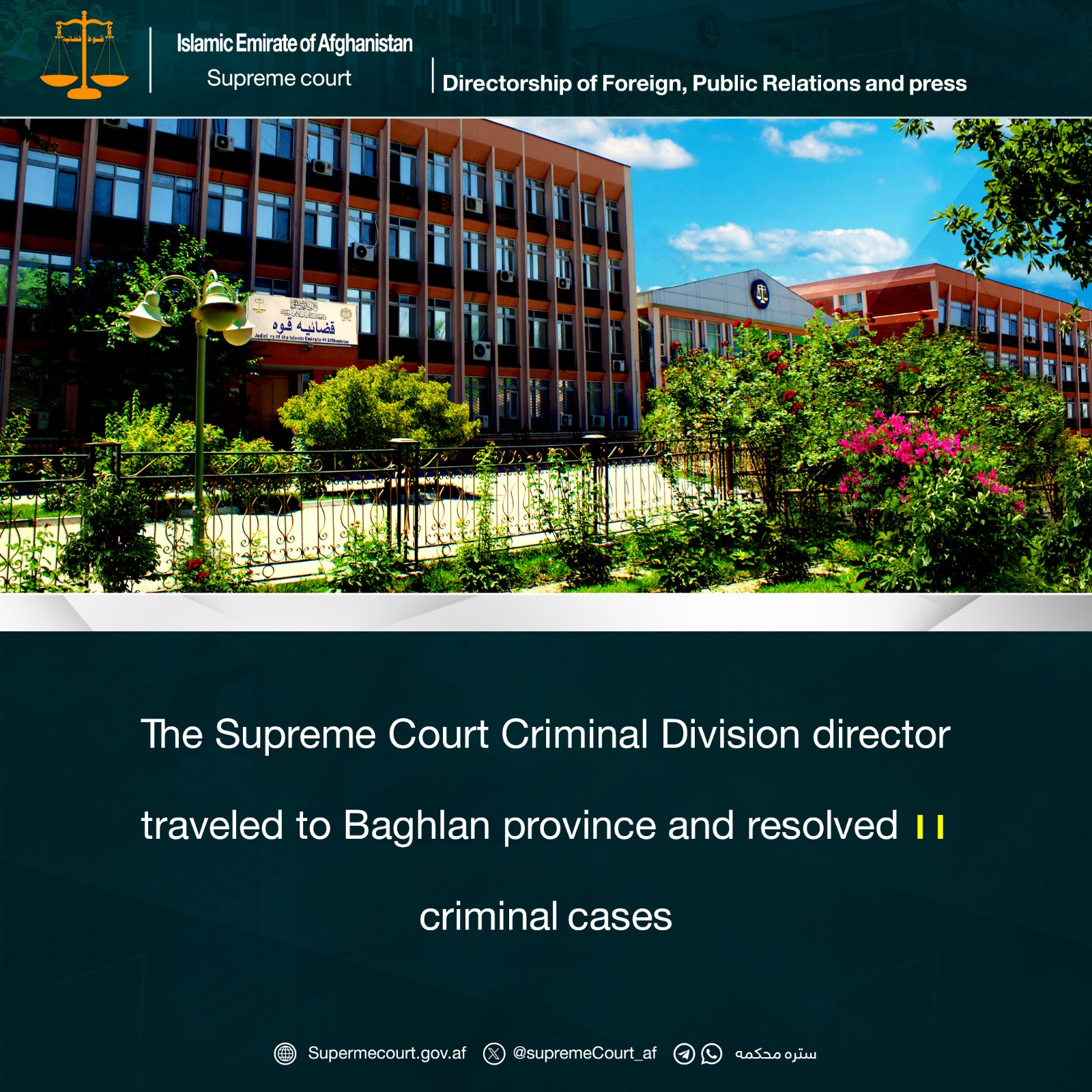 The Supreme Court Criminal Division director traveled to Baghlan province and resolved 11 criminal cases