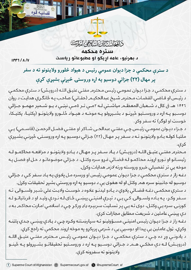 د سترې محکمې د جزا دېوان عمومي رئیس د هېواد څلورو ولایتونو ته د سفر پر مهال (۲۲) جزائي دوسیو په اړه وروستۍ څېړنې بشپړې کړې