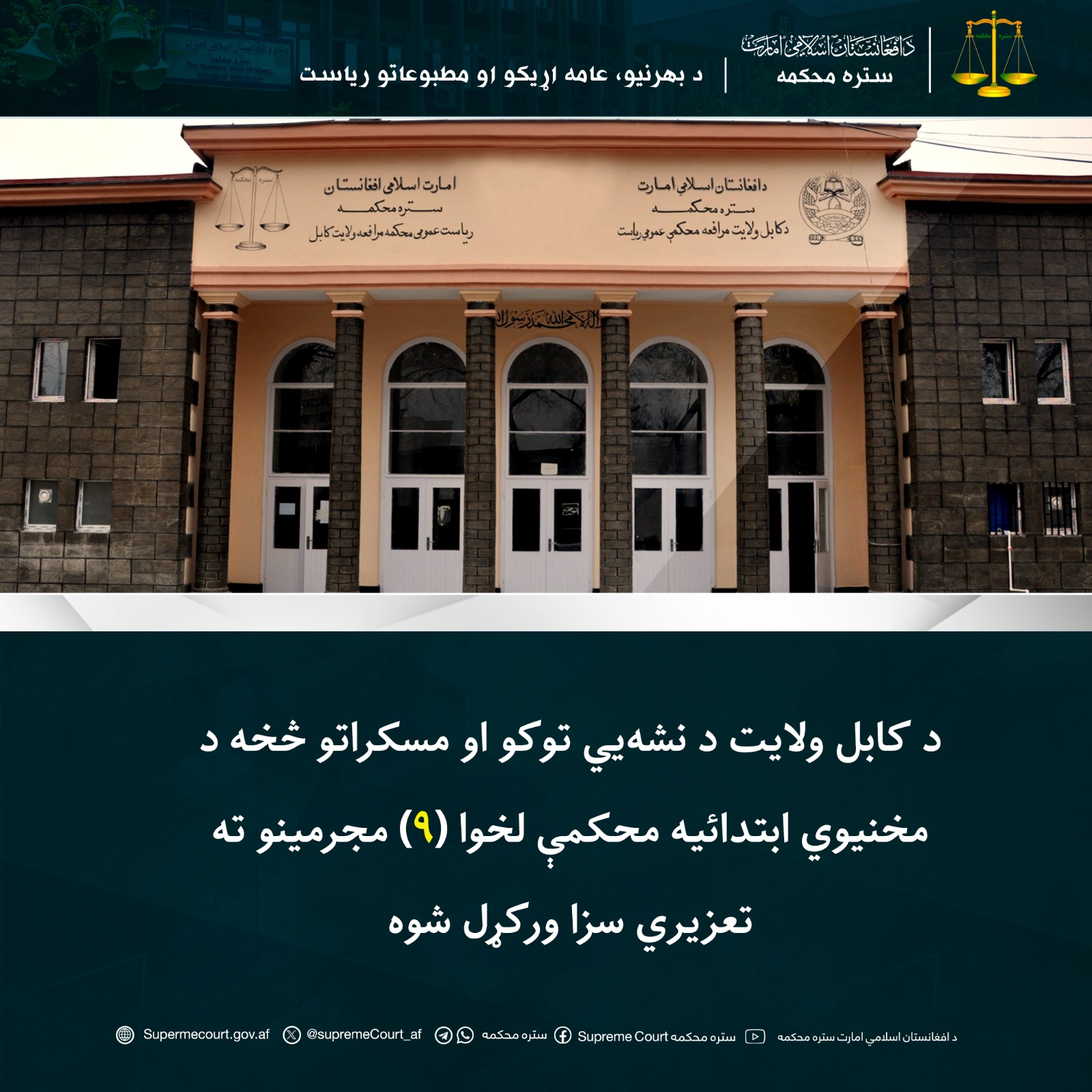 د کابل ولایت د نشهيي توکو او مسکراتو څخه د مخنیوي ابتدائیه محکمې لخوا (۹) مجرمینو ته تعزیري سزا ورکړل شوه