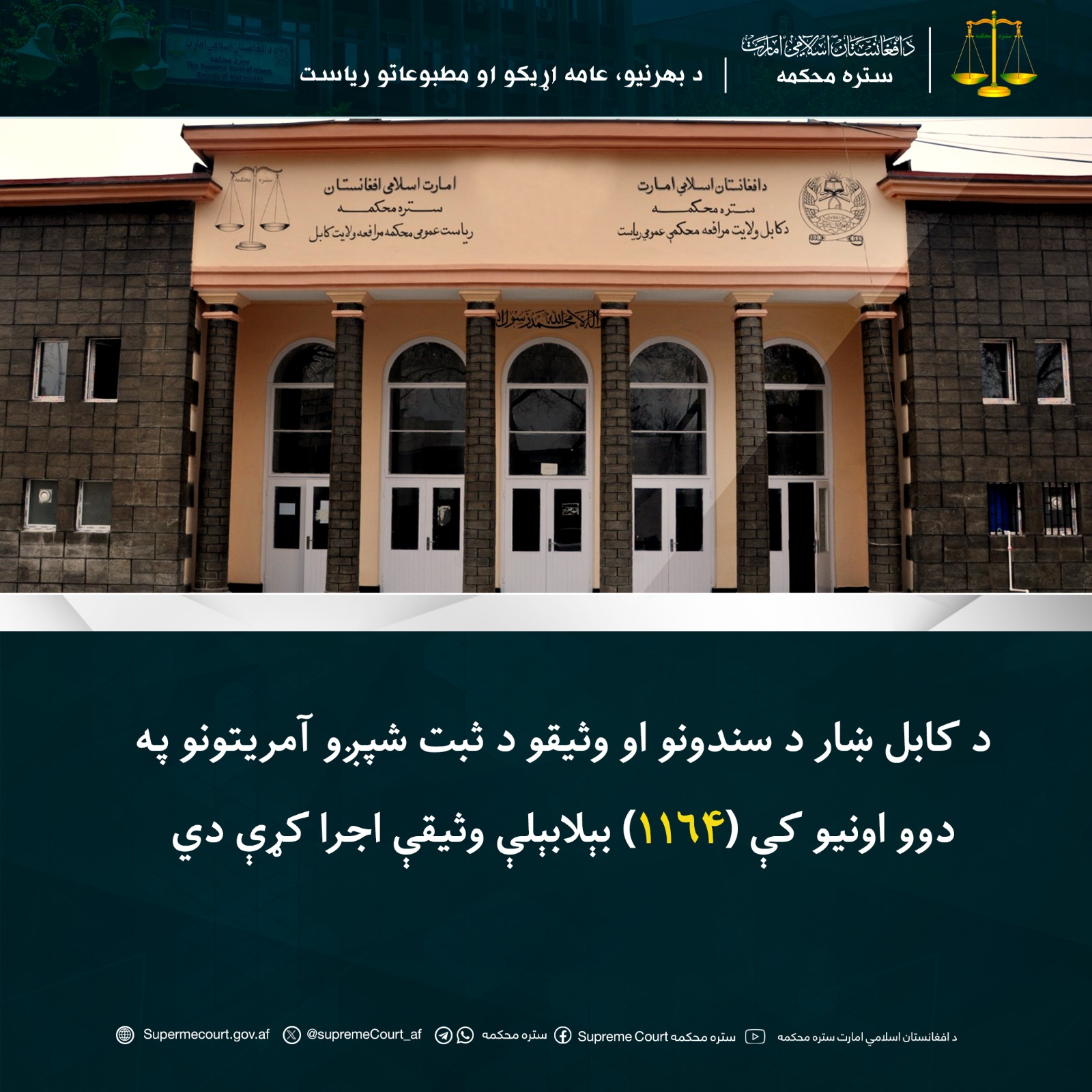 د کابل ښار د سندونو او وثیقو د ثبت شپږو آمریتونو په دوو اونيو کې (۱۱۶۴) بېلابېلې وثیقې اجرا کړې دي