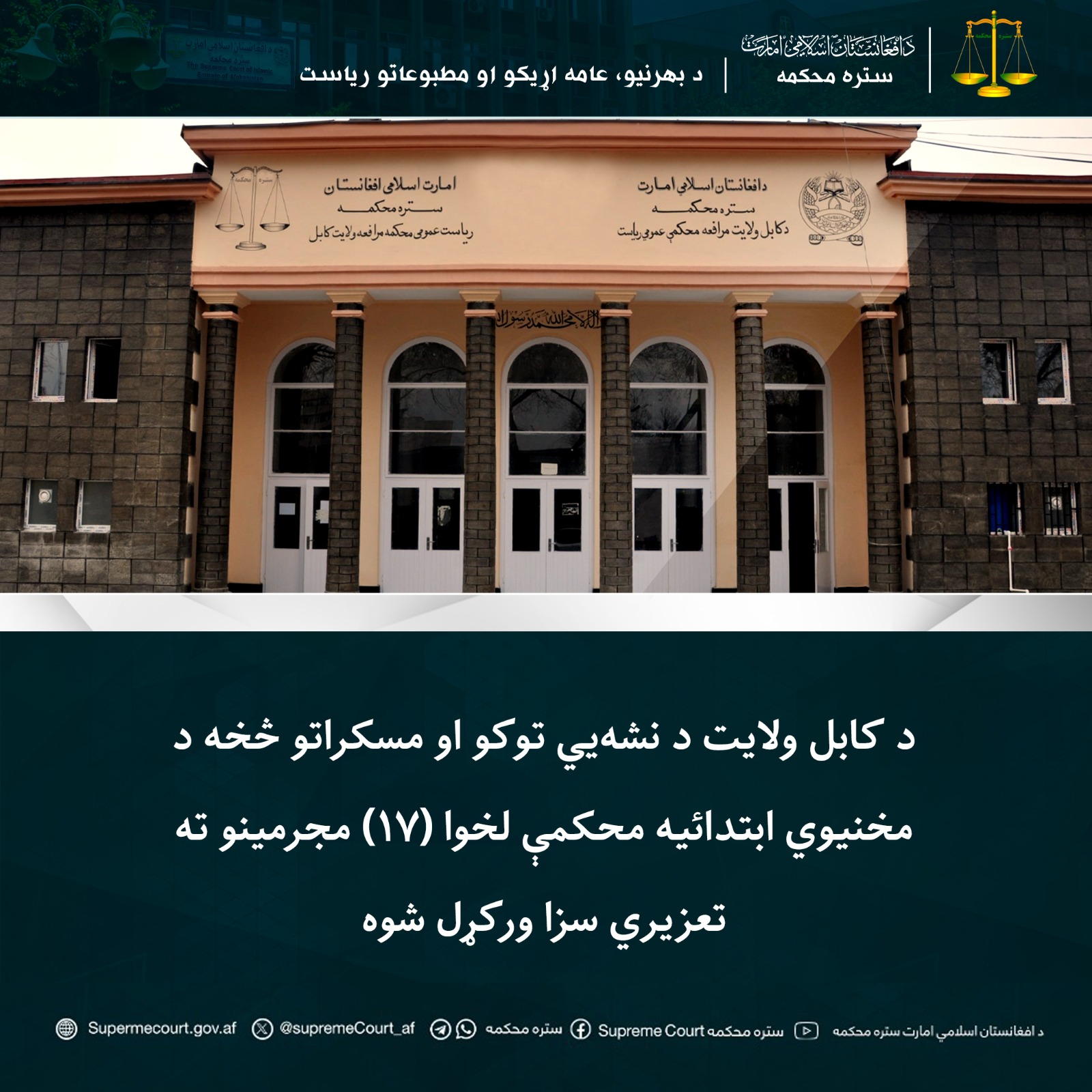 د کابل ولایت د نشه‌یي توکو او مسکراتو څخه د مخنیوي ابتدائیه محکمې لخوا ‍(۱۷) مجرمینو ته تعزیري سزا ورکړل شوه