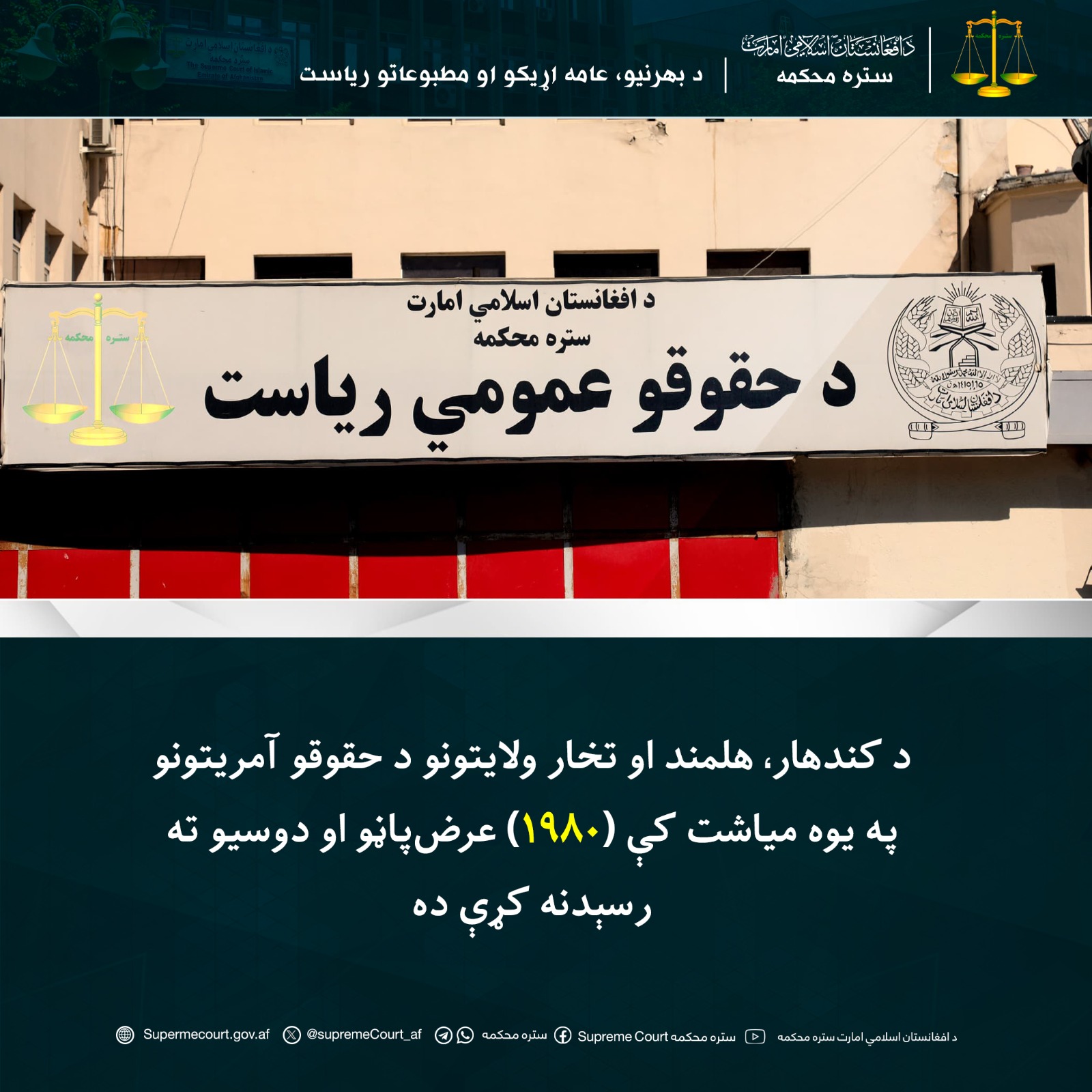 د کندهار، هلمند او تخار ولایتونو د حقوقو آمریتونو په یوه میاشت کې (۱۹۸۰) عرض‌پاڼو او دوسيو ته رسېدنه کړې ده