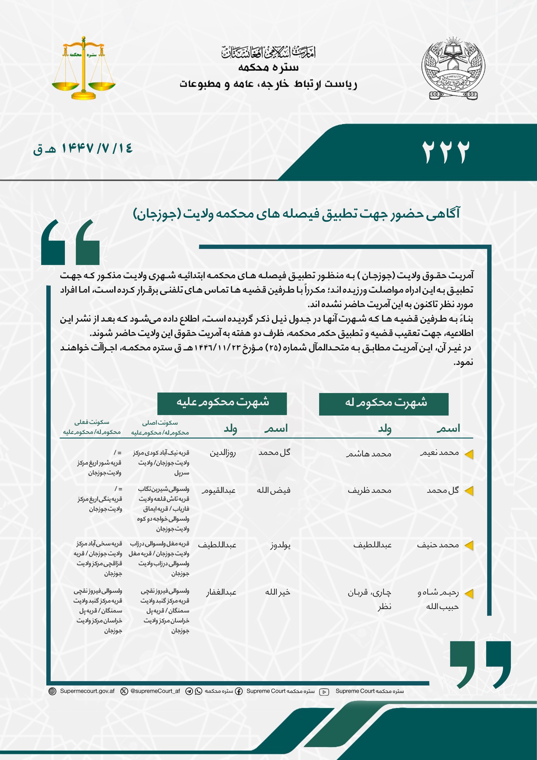 آگاهی حضور جهت تطبیق فیصله های محکمه ولایت (جوزجان) 