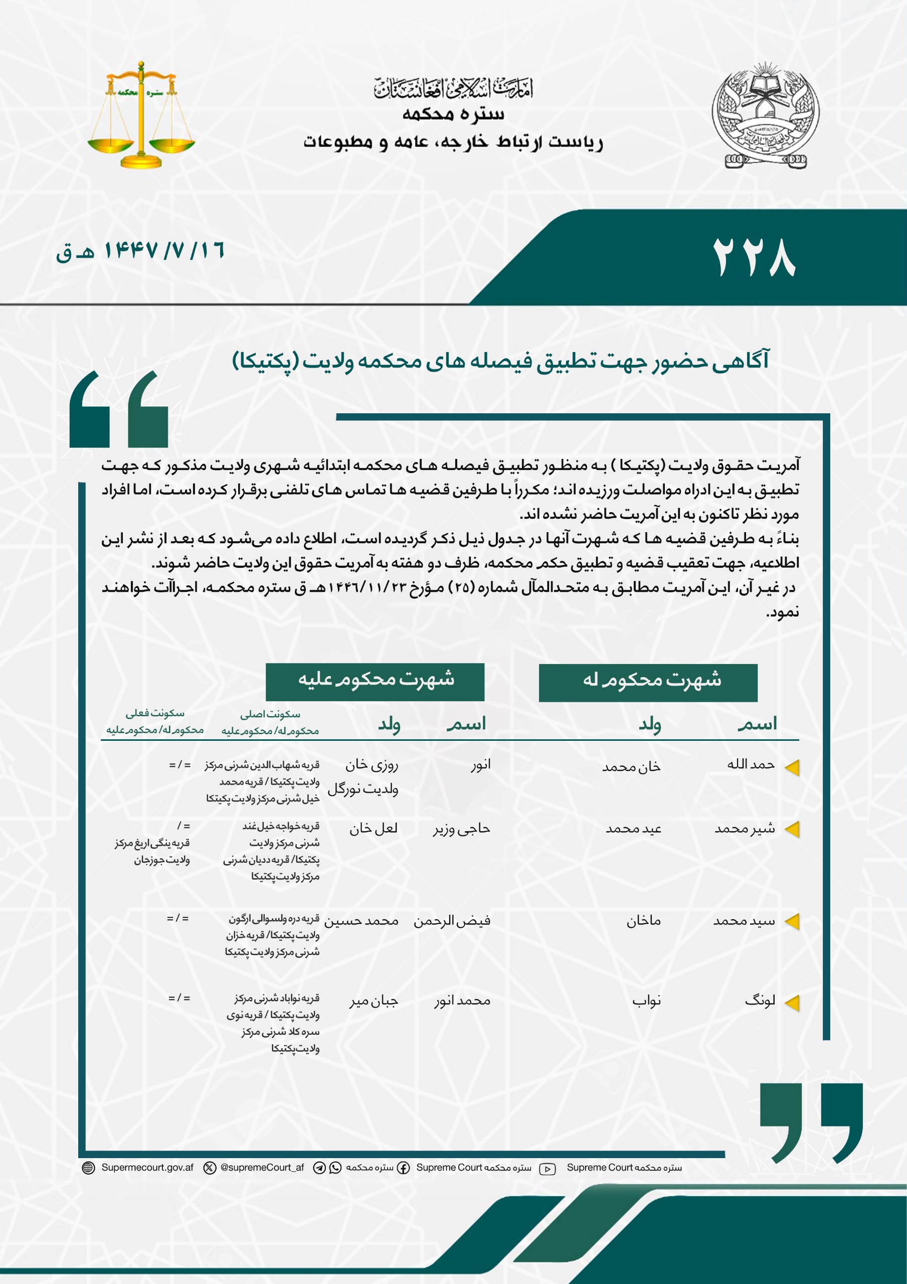 آگاهی حضور جهت تطبیق فیصله های محکمه ولایت (پکتیکا) 