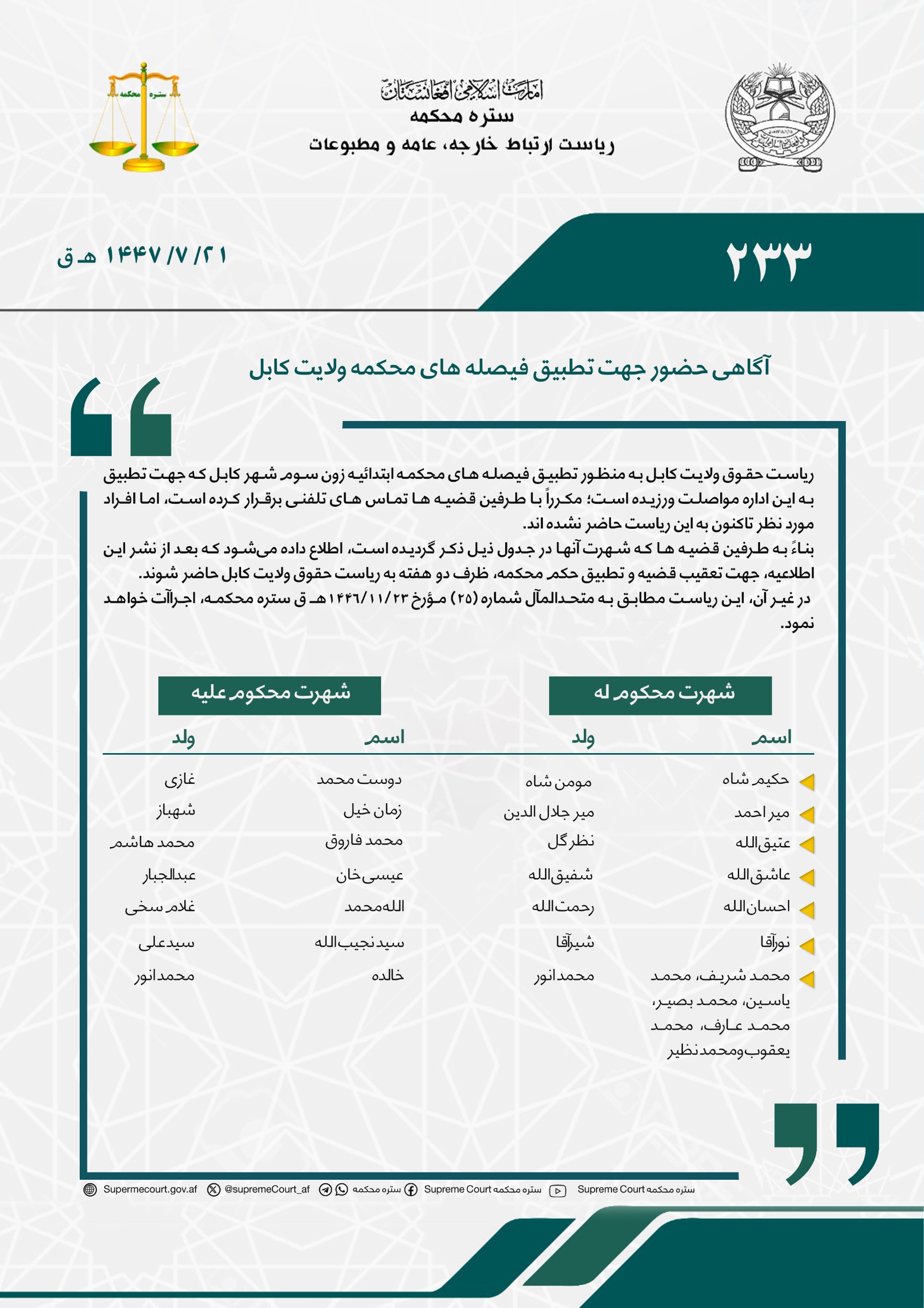 آگاهی حضور جهت تطبیق فیصله های محکمه ولایت کابل