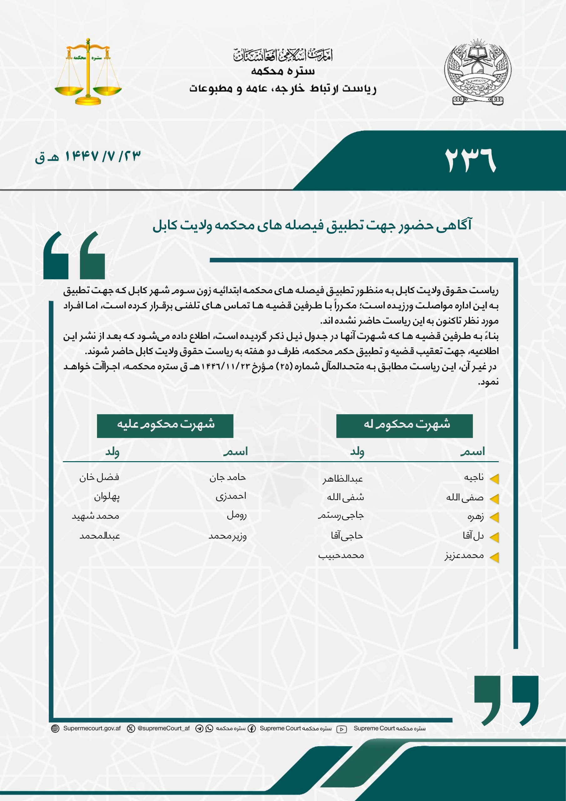 آگاهی حضور جهت تطبیق فیصله های محکمه ولایت کابل