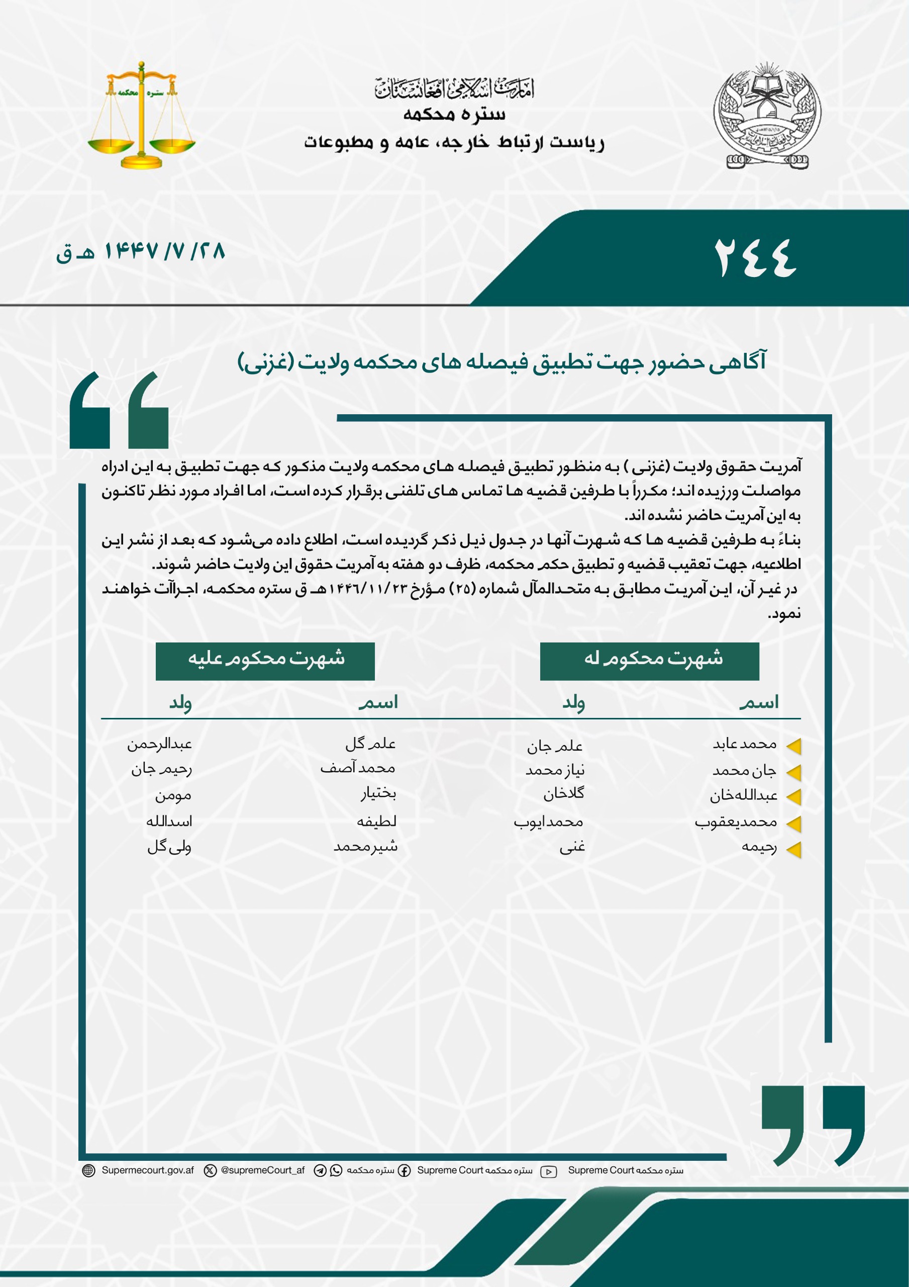 آگاهی حضور جهت تطبیق فیصله های محکمه ولایت (غزنی) 