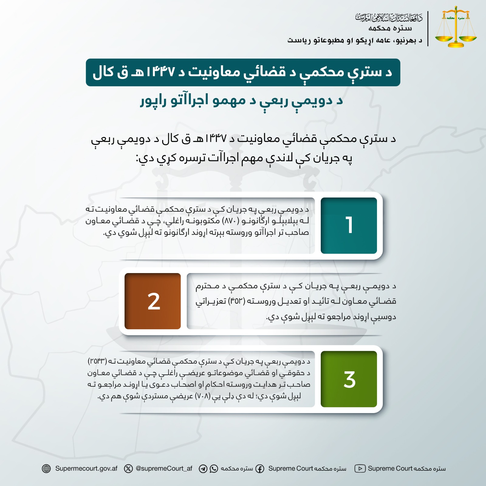 د سترې محکمې د قضائي معاونیت د ۱۴۴۷هـ ق کال د دویمې ربعې د مهمو اجراآتو راپور