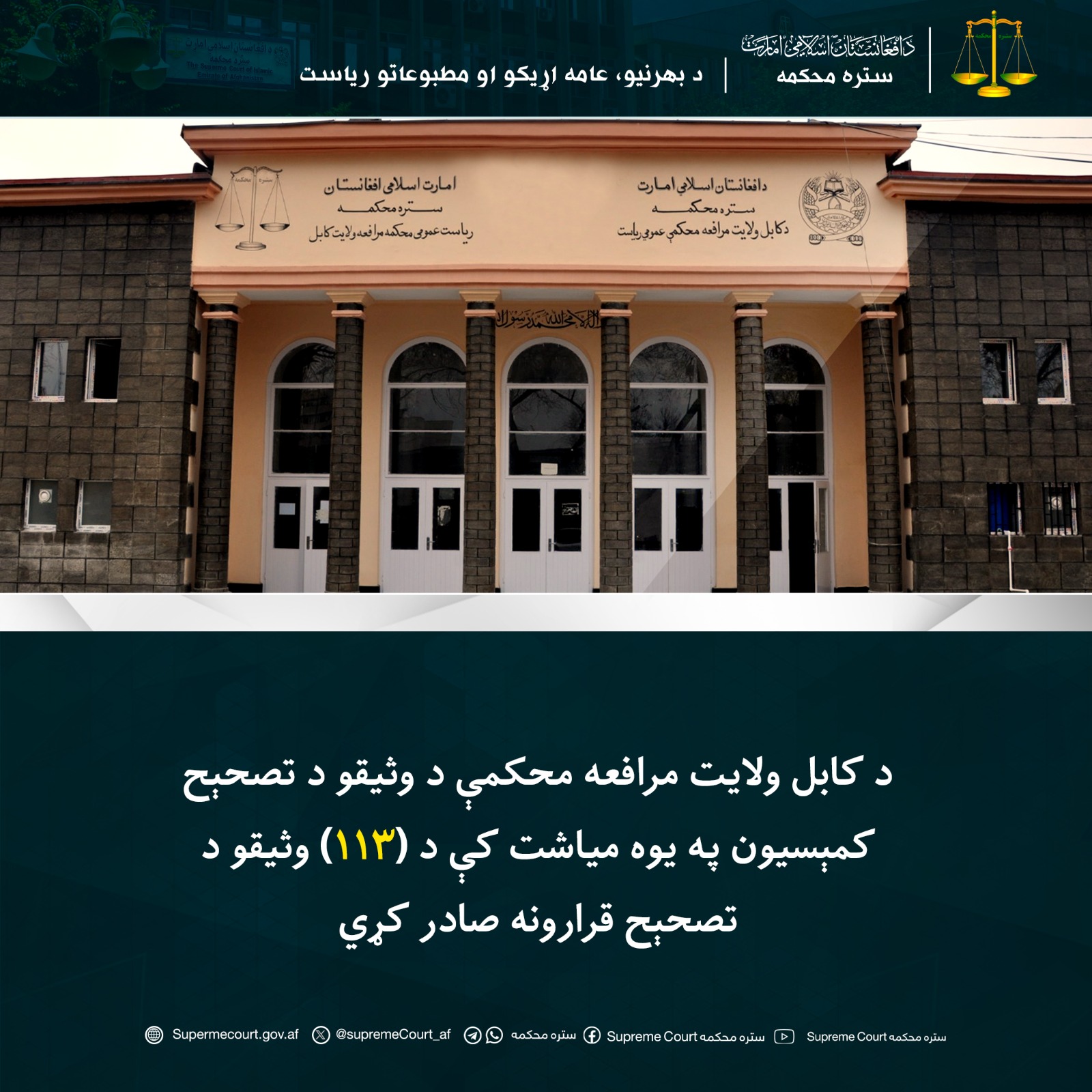 د کابل ولایت مرافعه محکمې د وثیقو د تصحېح کمېسیون په يوه مياشت کې د (۱۱۳) وثیقو د تصحېح قرارونه صادر کړي