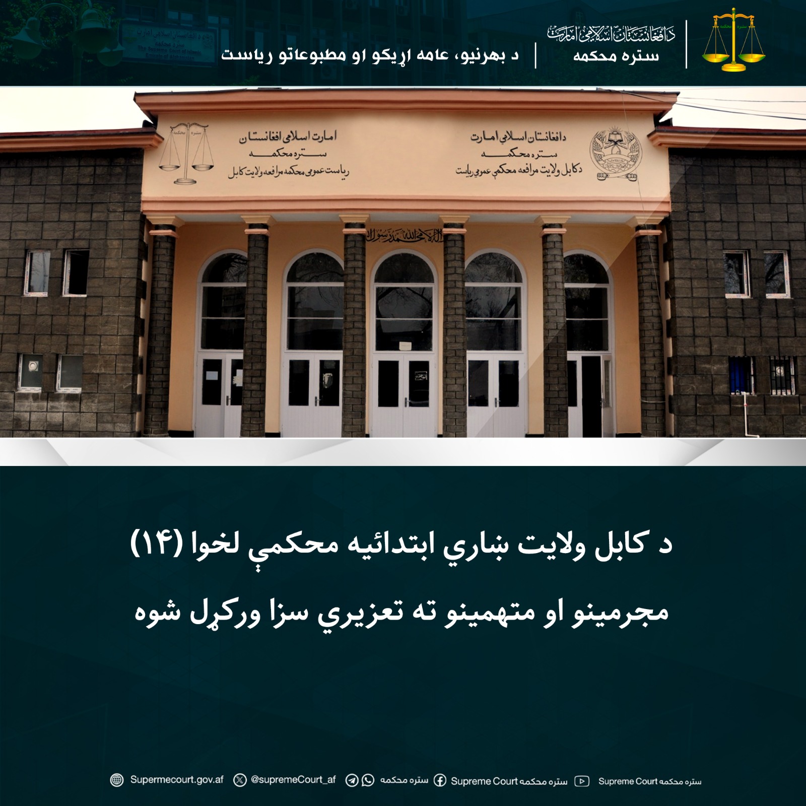 د کابل ولايت ښاري ابتدائیه محکمې لخوا (۱۴) مجرمينو او متهمينو ته تعزیري سزا ورکړل شوه