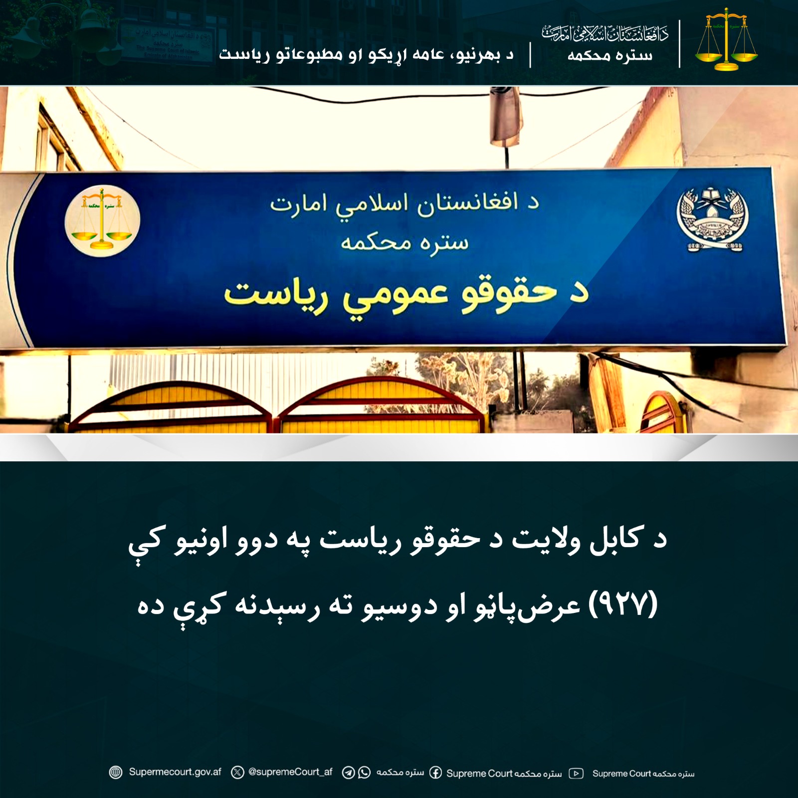 د کابل ولایت د حقوقو ریاست په دوو اونيو کې (۹۲۷) عرض‌پاڼو او دوسيو ته رسېدنه کړې ده