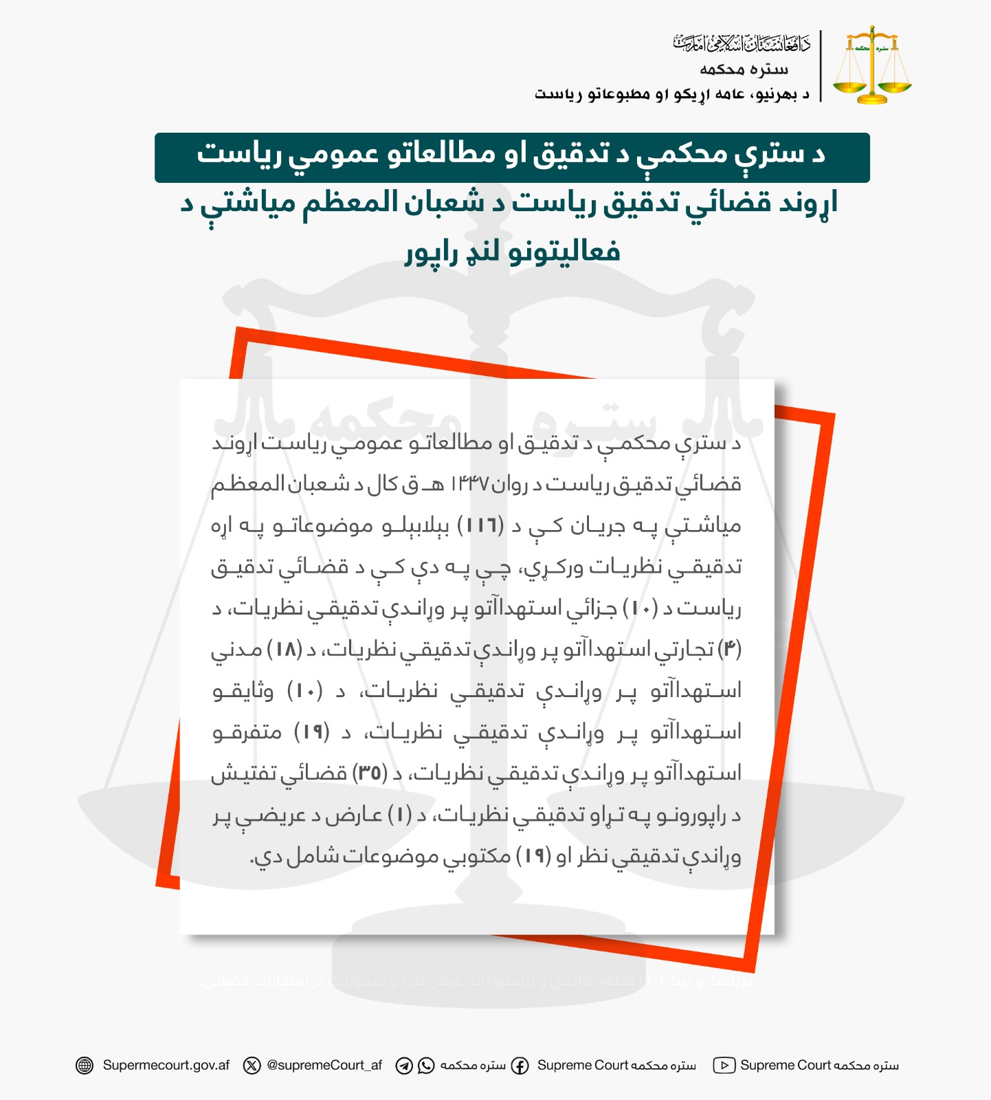 د سترې محکمې د تدقیق او مطالعاتو عمومي ریاست اړوند قضائي تدقیق ریاست د شعبان المعظم میاشتې د فعالیتونو لنډ راپور