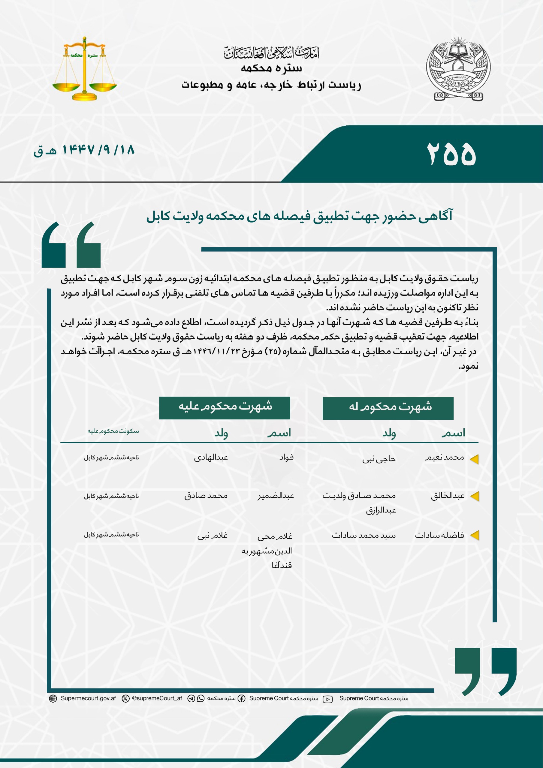 آگاهی حضور جهت تطبیق فیصله های محکمه ولایت کابل