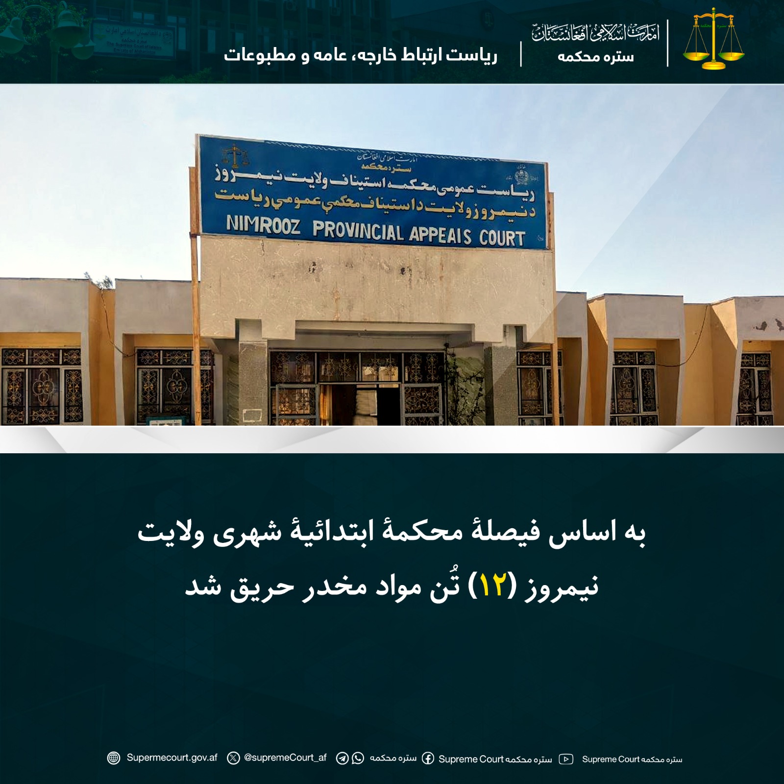 به اساس فیصلۀ محکمۀ ابتدائیۀ شهری ولایت نیمروز (12) تُن مواد مخدر حریق شد