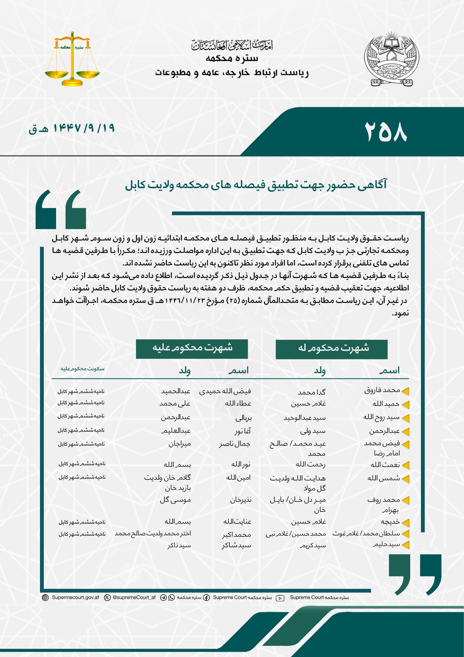 آگاهی حضور جهت تطبیق فیصله های محکمه ولایت کابل