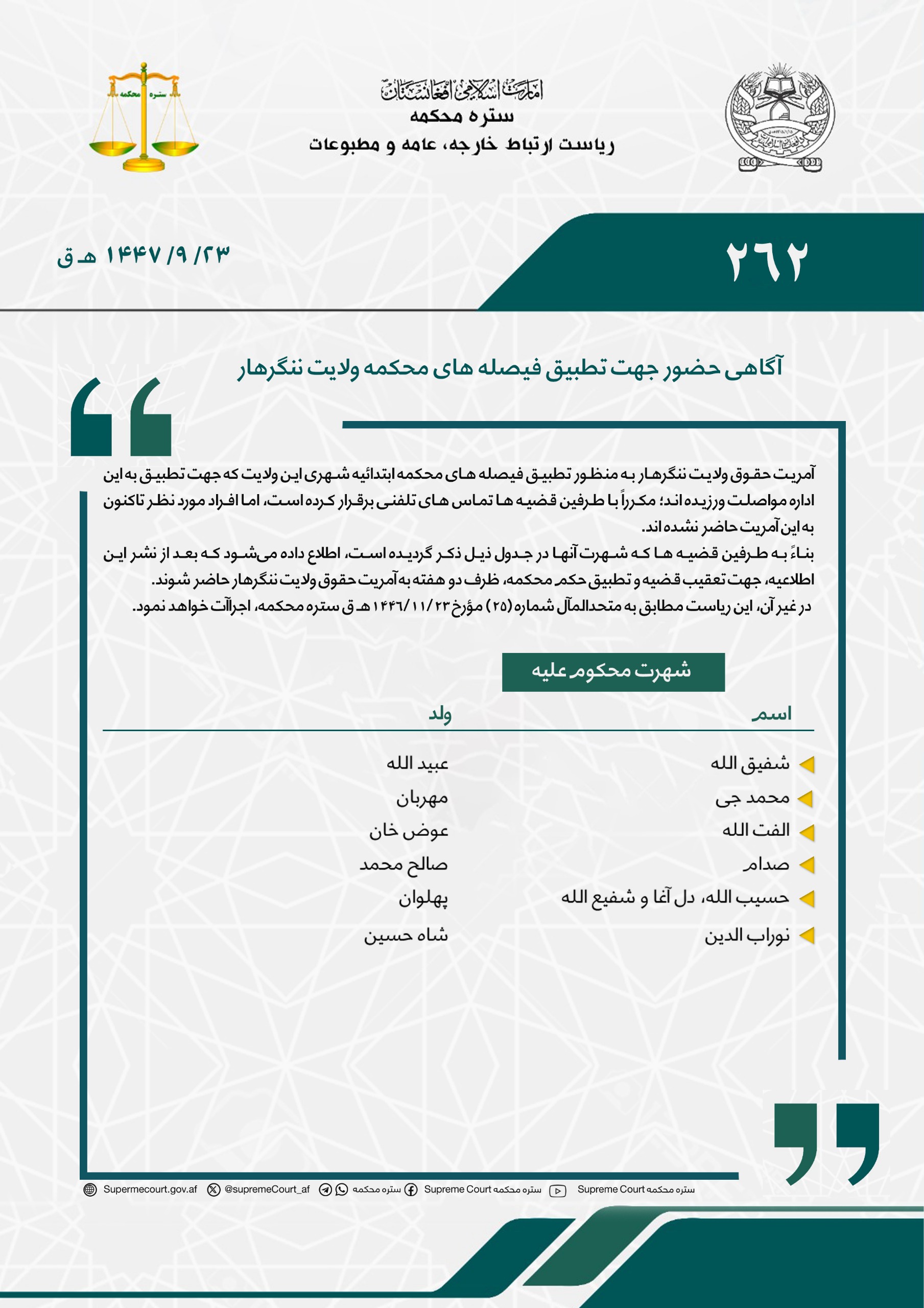 آگاهی حضور جهت تطبیق فیصله های محکمه ولایت ننگرهار