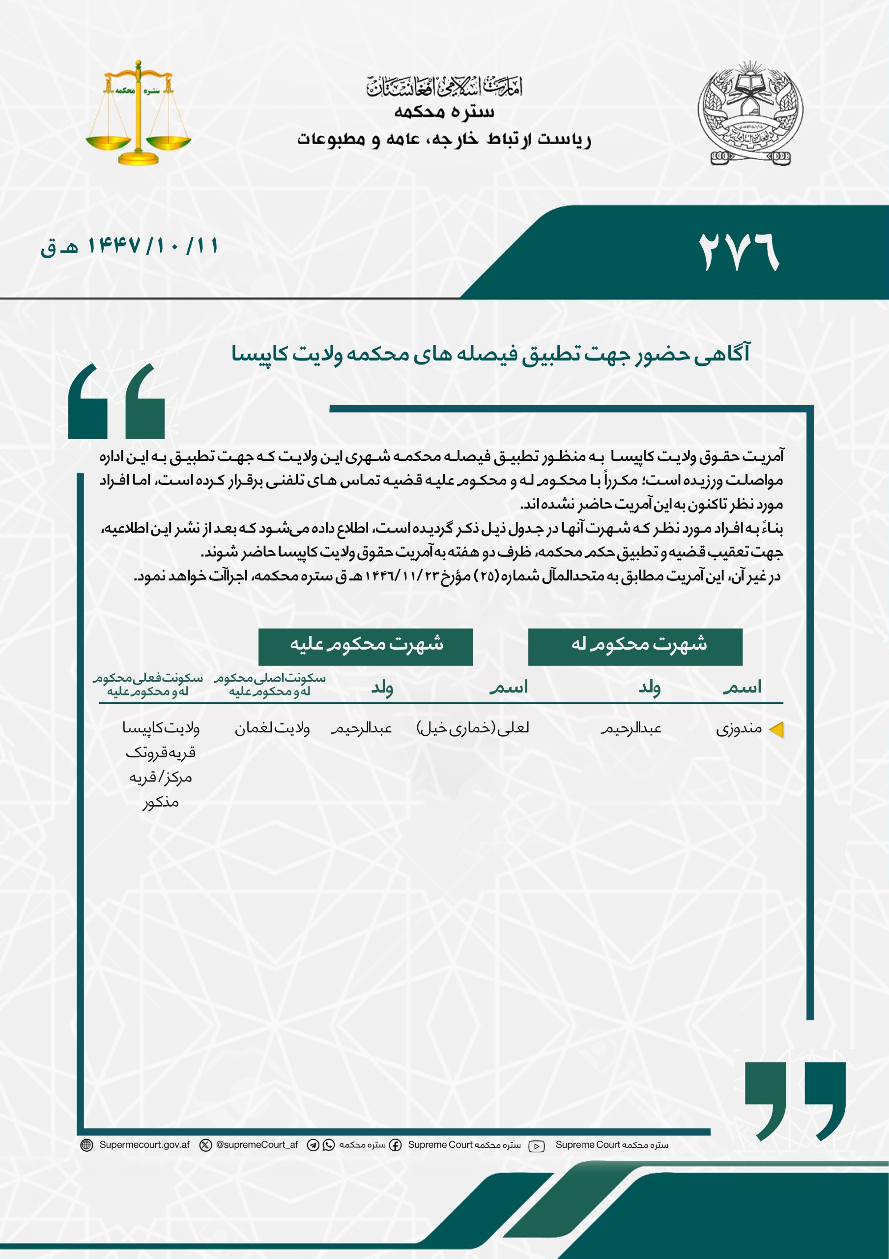 آگاهی حضور جهت تطبیق فیصله های محکمه ولایت کاپیسا