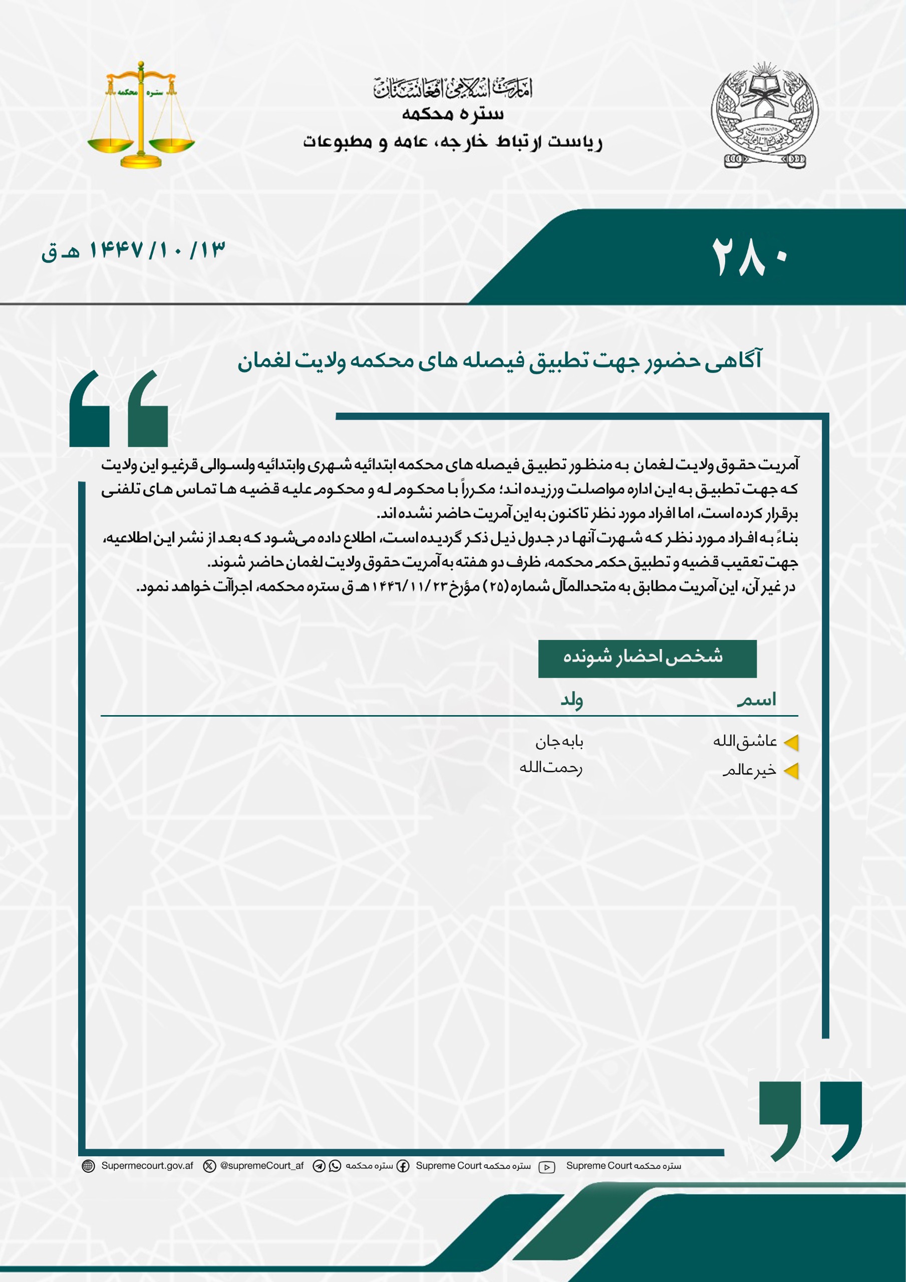 آگاهی حضور جهت تطبیق فیصله های محکمه ولایت لغمان