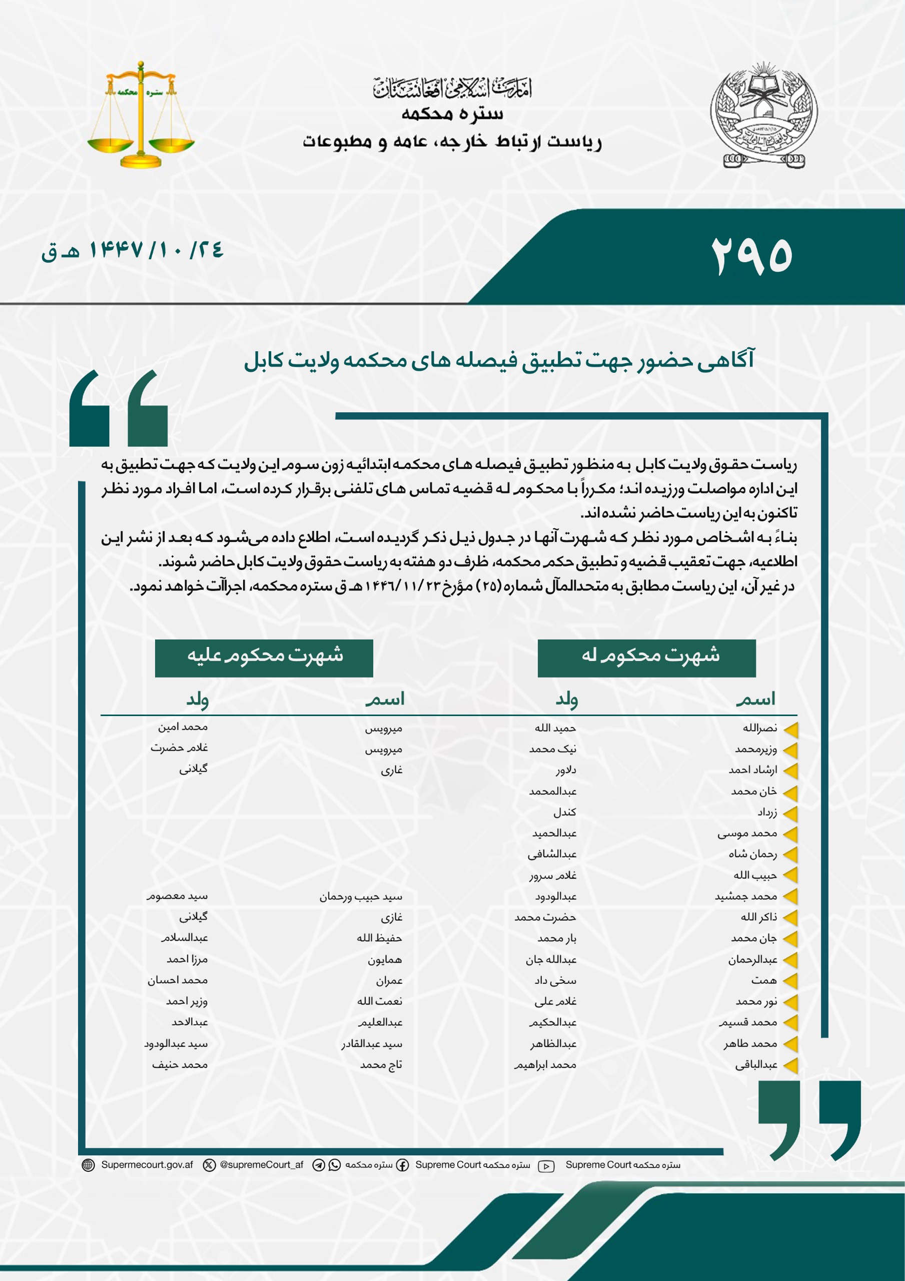 آگاهی حضور جهت تطبیق فیصله های محکمه ولایت کابل