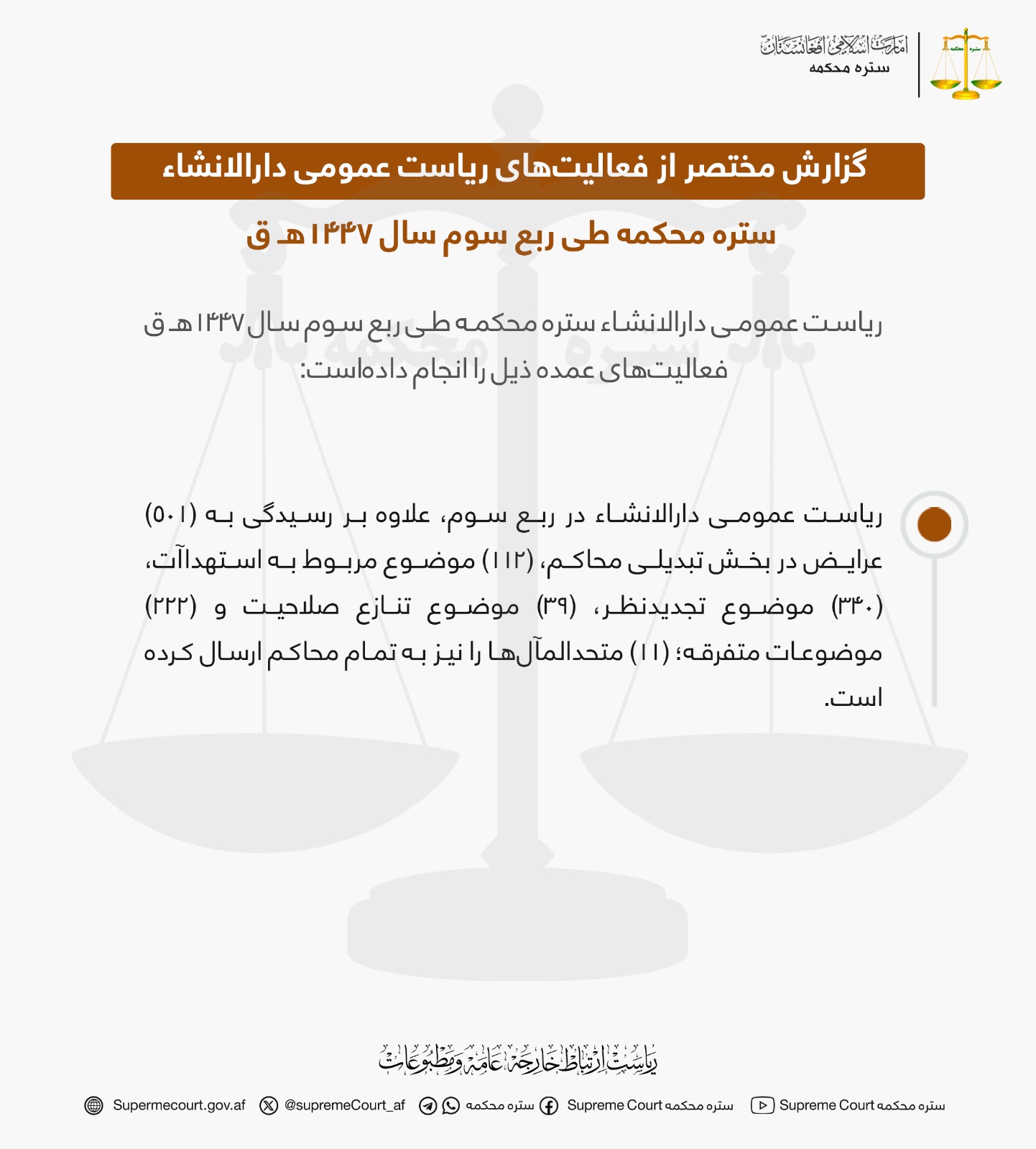 گزارش مختصر از فعالیت‌های ریاست عمومی دارالانشاء ستره محکمه طی ربع سوم سال ۱۴۴۷هـ ق 