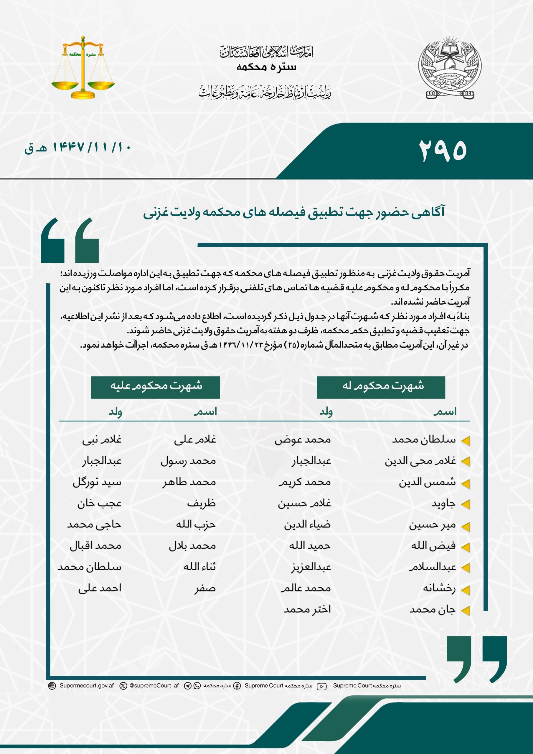 آگاهی حضور جهت تطبیق فیصله های محکمه ولایت غزنی