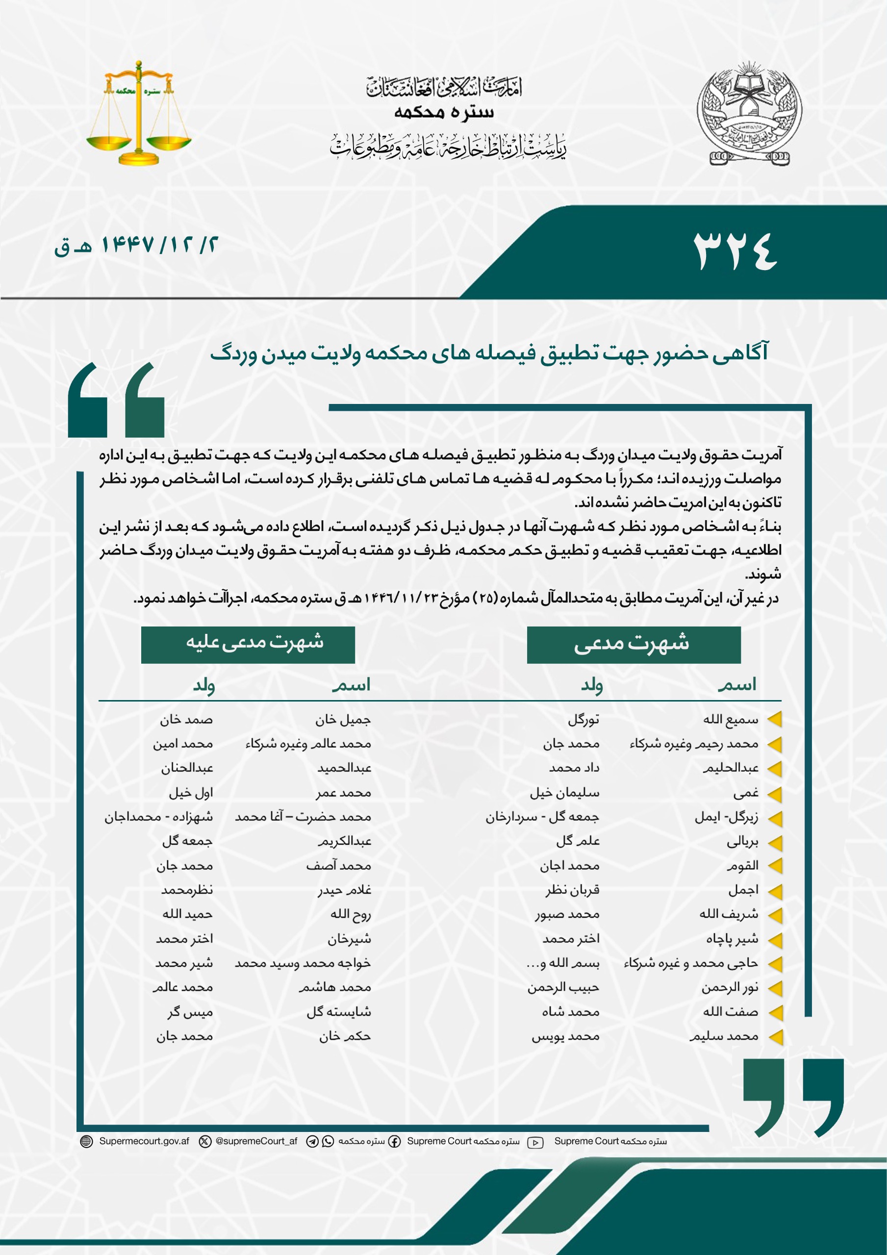 آگاهی حضور جهت تطبیق فیصله های محکمه ولایت میدن وردگ