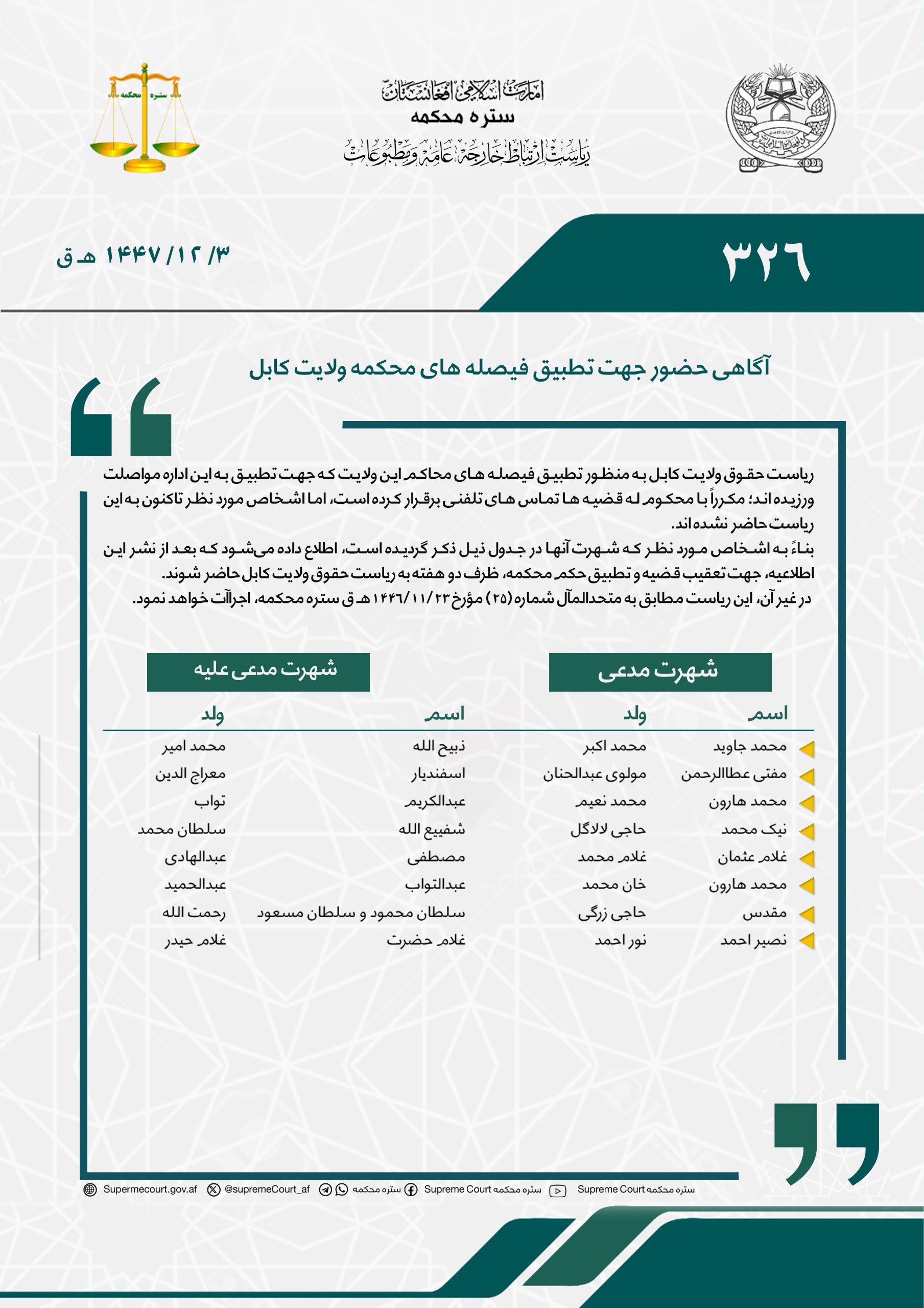 آگاهی حضور جهت تطبیق فیصله های محکمه ولایت کابل