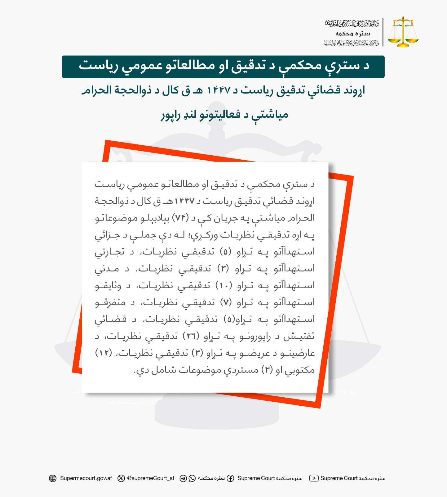د سترې محکمې د تدقیق او مطالعاتو عمومي ریاست اړوند قضائي تدقیق ریاست د ۱۴۴۷ هـ ق کال د ذوالحجة الحرام میاشتې د فعالیتونو لنډ راپور