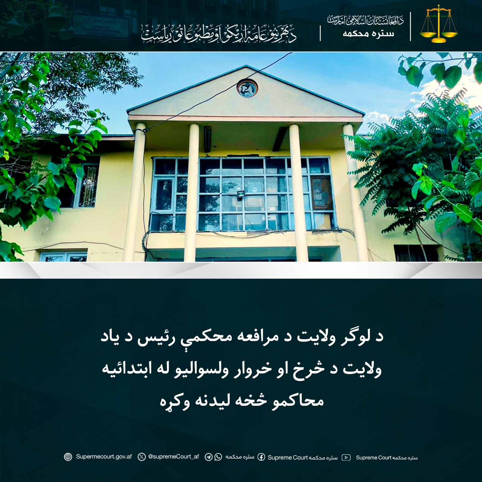 د لوګر ولايت د مرافعه محکمې رئيس د یاد ولايت د څرخ او خروار ولسواليو له ابتدائيه محاکمو څخه لیدنه وکړه