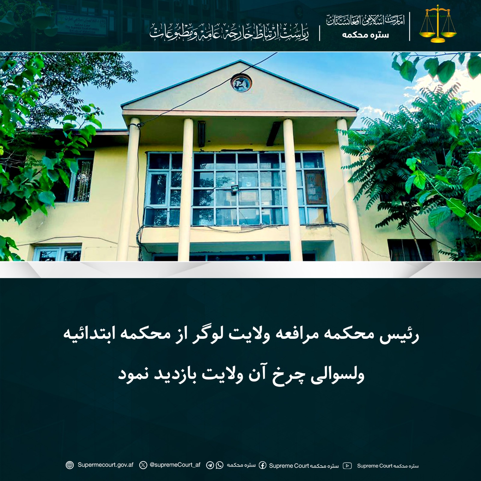 رئیس محکمه مرافعه ولایت لوگر از محکمه ابتدائیه ولسوالی چرخ آن ولایت بازدید نمود